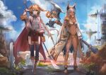  absurd_res animal_humanoid axe breasts cleavage clothed clothing detailed_background duo female floating_island hi_res holding_object holding_weapon humanoid melee_weapon naginata neonbeat polearm weapon 