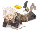  1boy animal_ears bangs black_footwear black_jacket black_pants cat_ears cat_tail chain cheek_rest collar collarbone commentary_request cropped_jacket danganronpa danganronpa_3 feet_up green_shirt hair_between_eyes io_(sinking=carousel) jacket kemonomimi_mode komaeda_nagito long_sleeves looking_at_viewer lying male_focus metal_collar on_stomach open_mouth pants red_shirt shirt shoes simple_background solo speech_bubble striped striped_shirt tail two-tone_shirt whisker_markings white_background 