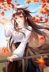  1girl :d antenna_hair autumn autumn_leaves bangs beret black_skirt blurry blurry_background brown_hair commentary_request day depth_of_field eyebrows_visible_through_hair falling_leaves feet_out_of_frame floating_hair hand_on_railing hand_up hat highres lalazyt leaf long_hair long_skirt long_sleeves maple_leaf open_mouth orange_eyes original outdoors railing skirt smile solo standing sweater turtleneck turtleneck_sweater very_long_hair white_headwear white_sweater wind 