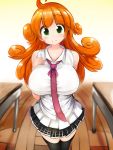  breast_suppress breasts classroom collarbone curly_hair desk green_eyes highres indoors kai_(nyanko_daisensou) large_breasts looking_at_viewer necktie nyanko_daisensou orange_hair pleated_skirt school_desk shirt skirt sleeveless sleeveless_shirt smile twin-7646 uniform wooden_floor 