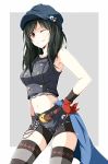  1girl belt_chain bike_shorts bike_shorts_under_shorts black_hair blue_sash cabbie_hat crescent_belt_buckle denim denim_shirt denim_shorts final_fantasy final_fantasy_vii final_fantasy_vii_remake gloves hand_on_hip hat highres kyrie_canaan looking_at_viewer nanao_(zonzonsh) navel red_gloves sash shorts smile solo stomach striped striped_legwear thighhighs 