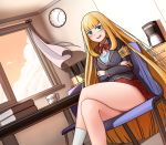  1girl absurdres armband bangs blazer blonde_hair blue_eyes blue_rabbit_(pixiv_8508869) blush book cardinal_armand clock coffee_maker_(object) crossed_legs cup dusk dutch_angle highres jacket last_origin long_hair looking_at_viewer mug open_mouth open_window pleated_skirt red_skirt school_uniform skirt smile solo very_long_hair wall_clock window 