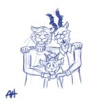  1:1 aleks_howes antelope anthro beastars blue_and_white bovid cuddling family_photo felid female gazelle group hi_res hybrid leopard male mammal melon&#039;s_dad melon&#039;s_mom melon_(beastars) monochrome pantherine 