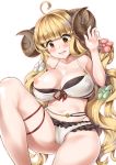 1girl absurdres ahoge anila_(granblue_fantasy) bangs bikini blonde_hair blunt_bangs breasts brown_eyes commentary_request draph eyebrows_visible_through_hair flower granblue_fantasy hair_flower hair_ornament highres horns large_breasts long_hair minase_(takaoka_nanase) navel open_mouth simple_background solo swimsuit teeth thick_eyebrows white_background white_bikini 