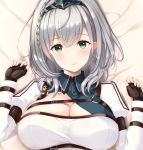  1girl black_gloves braid breasts cleavage closed_mouth eyebrows_visible_through_hair fingerless_gloves french_braid gloves hololive large_breasts looking_at_viewer lying masaoka_misaki on_back shirogane_noel short_hair silver_hair smile solo upper_body 