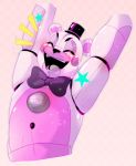  animatronic anthro button_(fastener) eyebrows eyes_closed five_nights_at_freddy&#039;s funtime_freddy_(fnafsl) happy larahhhhhhish machine male mammal open_mouth open_smile pink_body pink_inner_ear purple_body purple_cheeks raised_arm robot sister_location smile solo speaker teeth ursid video_games white_body 