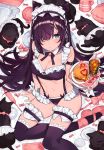  1girl :&lt; animal animal_ears apron arm_belt arm_support artist_name bangs bare_shoulders bikini black_cat black_neckwear blue_eyes blush bow bow_panties breasts cat cat_ears cat_teaser cleavage closed_mouth collarbone cup cursive detached_collar drink drinking_glass drinking_straw envelope flag food frilled_bikini frilled_panties frilled_pillow frills from_above groin hair_ornament hair_over_one_eye hamburger heart highres holding holding_plate ketchup leg_garter lingerie long_hair looking_at_viewer maid maid_bikini maid_headdress medium_breasts mika_pikazo mini_flag mole mole_on_breast navel neck_ribbon original panties pillow pink_bow pink_footwear pink_ribbon plate purple_hair purple_legwear red_bow ribbon sanpaku shoes signature sitting skindentation solo stomach suspenders swimsuit thighhighs thighs underwear very_long_hair wrist_cuffs x_hair_ornament yarn yarn_ball yokozuwari 