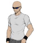 1boy bald beard closed_mouth commentary_request earrings expressionless facial_hair final_fantasy final_fantasy_vii final_fantasy_vii_remake grey_pants grey_shirt hand_in_pocket hand_on_hip highres jewelry male_focus mondi_hl pants rude_(ff7) shirt short_sleeves simple_background sketch solo sunglasses t-shirt upper_body white_background 