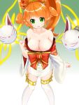  bare_shoulders breasts character_request cleavage collarbone cosplay gradient gradient_background green_eyes hair_ornament hairpin highres japanese_clothes kimono large_breasts looking_at_viewer nyanko_daisensou open_mouth orange_hair ponytail thighhighs twin-7646 v white_legwear 