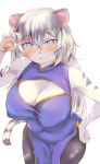  absurd_res anthro big_breasts blush breasts cleavage cleavage_cutout clothed clothing felid female ginko0101 hand_on_hip hi_res mammal nipple_outline pantherine simple_background solo tiger white_background white_body 