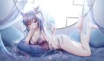  barefoot bed bra butterfly genshin_impact keqing_(genshin_impact) long_hair navel panties purple_eyes purple_hair see_through so_tsubasa underwear 