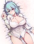  :o bed_sheet blue_eyes blue_hair breasts cleavage commentary_request heterochromia large_breasts long_sleeves looking_at_viewer lying no_bra no_pants on_back on_bed otoufu_(wddkq314band) panties red_eyes shirt short_hair solo striped striped_panties tatara_kogasa touhou unbuttoned unbuttoned_shirt underwear white_shirt 