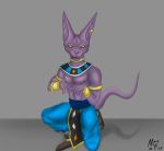  2020 anthro armband beerus biped bottomwear bracelet clothed clothing deity digital_media_(artwork) domestic_cat dragon_ball dragon_ball_super ear_piercing felid feline felis hairless hairless_cat hi_res jewelry kneeling looking_at_viewer male mammal mono-fur muscular muscular_anthro muscular_male nipples piercing purple_body simple_background smile solo sphynx_(cat) topless 