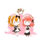  2570899107 apron chibi commentary_request hair_ornament highres kousaka_honoka love_live! love_live!_nijigasaki_high_school_idol_club love_live!_school_idol_festival_all_stars love_live!_school_idol_project maid maid_apron maid_headdress medium_hair minami_kotori minami_kotori_(bird) one_eye_closed one_side_up orange_hair red_hair simple_background uehara_ayumu 