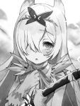  1girl apocalypse_witch blush gloves greyscale hair_over_one_eye hairband hand_up highres holding holding_sword holding_weapon katana long_hair looking_at_viewer mika_pikazo monochrome one_eye_covered parted_lips solo sword upper_body weapon 