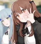  2girls bangs black_jacket black_neckwear blue_hair blush bow bowtie brown_eyes brown_hair closed_mouth eyebrows_visible_through_hair girls_frontline green_eyes hair_bow hair_ornament highres hk416_(girls_frontline) jacket long_hair looking_at_viewer multiple_girls open_mouth seorang shirt twintails ump9_(girls_frontline) white_shirt 