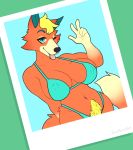  animal_crossing anthro audie_(animal_crossing) big_breasts bikini blonde_hair blue_eyes breasts canid canine canis cleavage clothed clothing female fur green_background hair hi_res looking_at_viewer mammal navel nintendo one_eye_closed orange_body orange_fur peace_symbol pubes simple_background softsorbet solo swimwear tongue tongue_out video_games wink wolf 