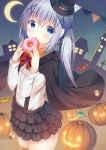  1girl bangs black_cape black_headwear black_skirt blue_eyes blue_hair blush candy_wrapper cape checkerboard_cookie cookie crescent_moon doughnut eyebrows_visible_through_hair food gochuumon_wa_usagi_desu_ka? hair_between_eyes hair_ornament halloween hands_up hat highres holding holding_food jack-o&#039;-lantern kafuu_chino layered_skirt long_hair long_sleeves looking_at_viewer mini_hat moon night night_sky orange_legwear parted_lips pennant pizzzica pleated_skirt polka_dot shirt skirt sky solo standing star_(sky) starry_sky string_of_flags striped suspender_skirt suspenders thighhighs tilted_headwear twintails white_shirt x_hair_ornament 