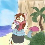  1:1 anthro beach domestic_cat dragon_ball dynamitegrizzly_(artist) felid feline felis hi_res magazine male mammal reading roger_mello seaside solo turkish_van 