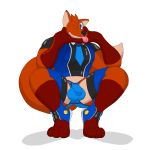  1:1 alpha_channel anthro balls briefs bulge canid canine chaps clothed clothing crouching fox fur genitals hair legwear male mammal muscular muscular_anthro muscular_male necktie notkastar penis rubber signature smile solo text tongue tongue_out underwear 