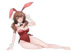  1girl absurdres animal_ears bare_legs barefoot bow bowtie breasts brown_hair bunny_ears cleavage danxing_aipangzi detached_collar full_body girls_frontline green_eyes headphones headphones_around_neck highres howa_type_89_(girls_frontline) large_breasts leotard long_hair low_twintails playboy_bunny red_leotard red_neckwear simple_background sitting solo strapless strapless_leotard twintails white_background wrist_cuffs yokozuwari 