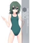  1girl artist_name character_name commentary_request competition_swimsuit cowboy_shot eyepatch flat_chest green_eyes green_hair green_swimsuit hand_on_hip highres inaba_shiki kantai_collection kiso_(kantai_collection) looking_at_viewer one-piece_swimsuit short_hair smile solo swimsuit 