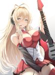  1girl antenna_hair ascot bangs blonde_hair breasts cleavage closed_mouth commentary_request detached_sleeves electric_guitar eyebrows_visible_through_hair guitar headset highres instrument large_breasts long_hair looking_at_viewer red_neckwear red_skirt simple_background skirt smile solo tokiro_ed29689 tsurumaki_maki voiceroid white_background 