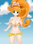  bangs bare_shoulders bikini breasts breasts_apart cloud collarbone curly_hair earrings flower_earrings high_ponytail highres jewelry kai_(nyanko_daisensou) large_breasts long_hair nyanko_daisensou orange_hair sky swimsuit twin-7646 very_long_hair yellow_bikini 