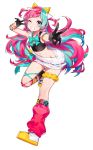  1girl arm_warmers black_gloves blue_eyes blue_hair blue_neckwear bow bowtie d-pad d-pad_hair_ornament full_body gloves hair_ornament highres leg_strap looking_at_viewer mika_pikazo multicolored_hair one_eye_closed pink_hair pinky_pop_hepburn shoes simple_background smile solo sports_bra standing standing_on_one_leg the_moon_studio thigh_scrunchie two-tone_hair v v_over_eye white_background 