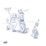  1:1 aleks_howes anthro beastars bird_dog blue_and_white canid canine canis domestic_dog encouragement female group haru_(beastars) hi_res hunting_dog jack_(beastars) labrador lagomorph legoshi_(beastars) leporid male mammal monochrome pushing rabbit reluctant retriever text wolf 