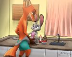  2020 anthro canid canine clothed clothing disney duo female food fox fur grey_body grey_fur hi_res inside judy_hopps kitchen lagomorph leporid licking licking_lips licking_own_lips male mammal nick_wilde orange_body orange_fur rabbit raspberrieswh red_fox self_lick signature tongue tongue_out topless zootopia 