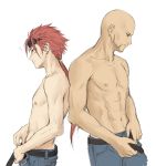  2boys abs back-to-back bald bangs bare_arms belt black_belt chest commentary_request denim earrings facing_to_the_side final_fantasy final_fantasy_vii final_fantasy_vii_remake from_side goggles goggles_on_head highres jeans jewelry male_focus mondi_hl multiple_boys muscle navel nipples pants ponytail red_hair reno_(ff7) rude_(ff7) shirtless simple_background 