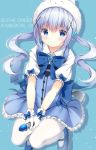  1girl bangs blue_background blue_bow blue_dress blue_eyes blue_flower blue_footwear blue_hair bow character_hat closed_mouth collared_shirt dress eyebrows_visible_through_hair flower frilled_dress frills gloves gochuumon_wa_usagi_desu_ka? hair_between_eyes hair_flower hair_ornament hat highres kafuu_chino long_hair looking_at_viewer magical_girl mary_janes oversized_object pantyhose pizzzica puffy_short_sleeves puffy_sleeves shirt shoes short_sleeves sleeveless sleeveless_dress smile solo spoon tippy_(gochiusa) twintails very_long_hair white_gloves white_headwear white_legwear white_shirt x_hair_ornament 