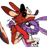  1:1 2020 angry animatronic anthro black_nose bodily_fluids bonnie_(fnaf) canid canine cheek_tuft eye_patch eyebrows eyewear facial_tuft five_nights_at_freddy&#039;s fox foxy_(fnaf) fur head_tuft hug kinoselynn lagomorph leporid long_ears machine male mammal purple_body purple_fur rabbit robot sweat tail_boner tuft video_games white_eyes 