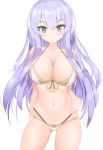  1girl ass ass_visible_through_thighs bangs bare_shoulders bikini blush breasts character_request cleavage collarbone cowboy_shot highres large_breasts long_hair looking_at_viewer navel nyanko_daisensou purple_eyes purple_hair simple_background smile swimsuit twin-7646 white_background 