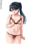  1girl areolae black_bra black_panties blue_eyes blue_hair blush bow bow_panties bra breasts clenched_hand collarbone colored_pubic_hair cowboy_shot crotchless crotchless_panties cupless_bra ebifurya female_pubic_hair highres houshou_(kantai_collection) kantai_collection lingerie looking_at_viewer navel nipples open_mouth panties ponytail pubic_hair pussy small_breasts solo tongue twitter_username uncensored underwear underwear_only white_background 