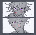  2boys :q artist_name blood blood_on_face border bruise clenched_teeth danganronpa face facial_hair fang goatee grey_border hair_between_eyes injury looking_at_viewer male_focus momota_kaito monochrome multiple_boys nagi_to_(kennkenn) new_danganronpa_v3 nosebleed ouma_kokichi purple_eyes scarf scarf_grab short_hair smile spiked_hair spot_color teeth tongue tongue_out white_background 