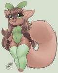  anthro blasticussaturn brown_body brown_fur brown_hair clothing female fluffy fluffy_tail fur green_clothing green_eyes hair hi_res leggings legwear leotard long_hair open_mouth signature simple_background smile solo squish thick_thighs thigh_squish 