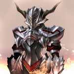  1girl armor cawang commentary fate/apocrypha fate/grand_order fate_(series) fire full_armor helm helmet highres horned_helmet long_hair looking_at_viewer mordred_(fate) mordred_(fate)_(all) plate_armor simple_background smile solo white_background 