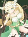  1girl bangs bare_shoulders blonde_hair blush bound breasts collarbone copyright_request dress eyebrows_visible_through_hair green_eyes highres horns large_breasts long_hair pointy_ears signature tentacles twin-7646 very_long_hair 