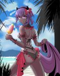  1girl ass bikini black_bikini black_hairband blue_sky cloud cloudy_sky dark_skin dark_skinned_female fate/grand_order fate_(series) food hairband hassan_of_serenity_(fate) highres holding holding_food horned_headwear looking_at_viewer looking_back ocean popsicle purple_eyes purple_hair red_ribbon ribbon short_hair skull skull_ornament sky solo swimsuit the_land_druid 