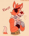  2020 animatronic anthro belt canid canine cheek_tuft clothed clothing eye_patch eyebrows eyewear facial_tuft fingers five_nights_at_freddy&#039;s fox foxy_(fnaf) happy head_tuft hook machine male mammal open_mouth open_smile robot sharp_teeth smile solo teeth text tongue toy-bonnie tuft video_games 