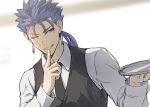  1boy ;) bangs black_neckwear black_vest blue_hair collared_shirt commentary_request cu_chulainn_(fate)_(all) earrings fate/stay_night fate_(series) finger_to_mouth grin holding holding_tray index_finger_raised jewelry lancer long_hair long_sleeves looking_at_viewer mondi_hl one_eye_closed ponytail red_eyes shirt shushing smile solo spiked_hair tray upper_body vest white_shirt 