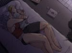  1boy 1girl ass bed blonde_hair breast_press breasts closed_eyes commentary_request cuddling dorohedoro hetero highres hug hug_from_behind indoors kokoro_(doa) long_hair lying noi_(dorohedoro) on_bed on_side sanso_74 shirt short_hair shorts silver_hair sleeping spooning 