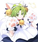  1girl animal_hat apron bell blue_ribbon cat_hat cat_tail closed_mouth dejiko di_gi_charat eyebrows_visible_through_hair gema gloves green_eyes green_hair hands_up hat highres jingle_bell looking_at_viewer maid_apron paw_gloves paws puffy_short_sleeves puffy_sleeves raised_eyebrows ribbon short_hair short_sleeves smile solo tail tg_(tg_c_apple) white_background 