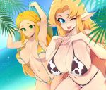  animal_print beach big_breasts bikini blonde_hair blue_eyes breast_size_difference breasts clothing cow_print digital_media_(artwork) duo female green_eyes hair huge_breasts humanoid humanoid_pointy_ears hylian nintendo not_furry one_eye_closed princess_zelda seaside shaded sling_bikini slugbox swimwear the_legend_of_zelda video_games wink 