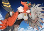  2020 anthro avian beak bottomwear breasts clothing dog_tags eyewear feathers female nintendo nipples non-mammal_breasts open_beak open_mouth pok&eacute;mon pok&eacute;mon_(species) shorts solo sunglasses talonflame text url vader-san video_games 