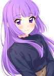  1girl absurdres aikatsu! aikatsu!_(series) black_sweater blush closed_mouth eyebrows_visible_through_hair highres hikami_sumire long_hair long_sleeves looking_at_viewer purple_eyes purple_hair sekina simple_background smile solo sweater upper_body white_background 