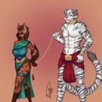  1:1 2020 abs anthro athletic athletic_anthro athletic_male bisonbull92 black_nose brown_body brown_fur brown_hair brown_spots chain clothed clothing collar duo ej_(bisonbull92) eye_contact felid female fur gold_(metal) gold_chain gold_collar grey_nose grey_stripes hair hi_res holding_chain holding_object hyaenid legband loincloth looking_at_another looking_back male male/female mammal meredith_(bisonbull92) mizukithia navel navel_piercing off_shoulder pantherine pecs piercing servant shackles silk silk_clothing slave slightly_chubby spots spotted_body spotted_fur spotted_hyena standing striped_body striped_fur stripes tiger topless topless_male walking white_body white_fur 