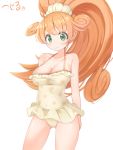  1girl ass_visible_through_thighs bangs bare_shoulders blush breasts cleavage collarbone curly_hair eyebrows_visible_through_hair green_eyes high_ponytail highres kai_(nyanko_daisensou) large_breasts long_hair looking_at_viewer navel nyanko_daisensou orange_hair signature simple_background skirt smile solo swimsuit twin-7646 very_long_hair white_background 